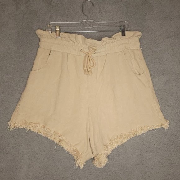 Blank NYC Womens Paperbag Shorts Beige Viscose Blend Drawstring‎ Frayed XL New - Picture 1 of 9